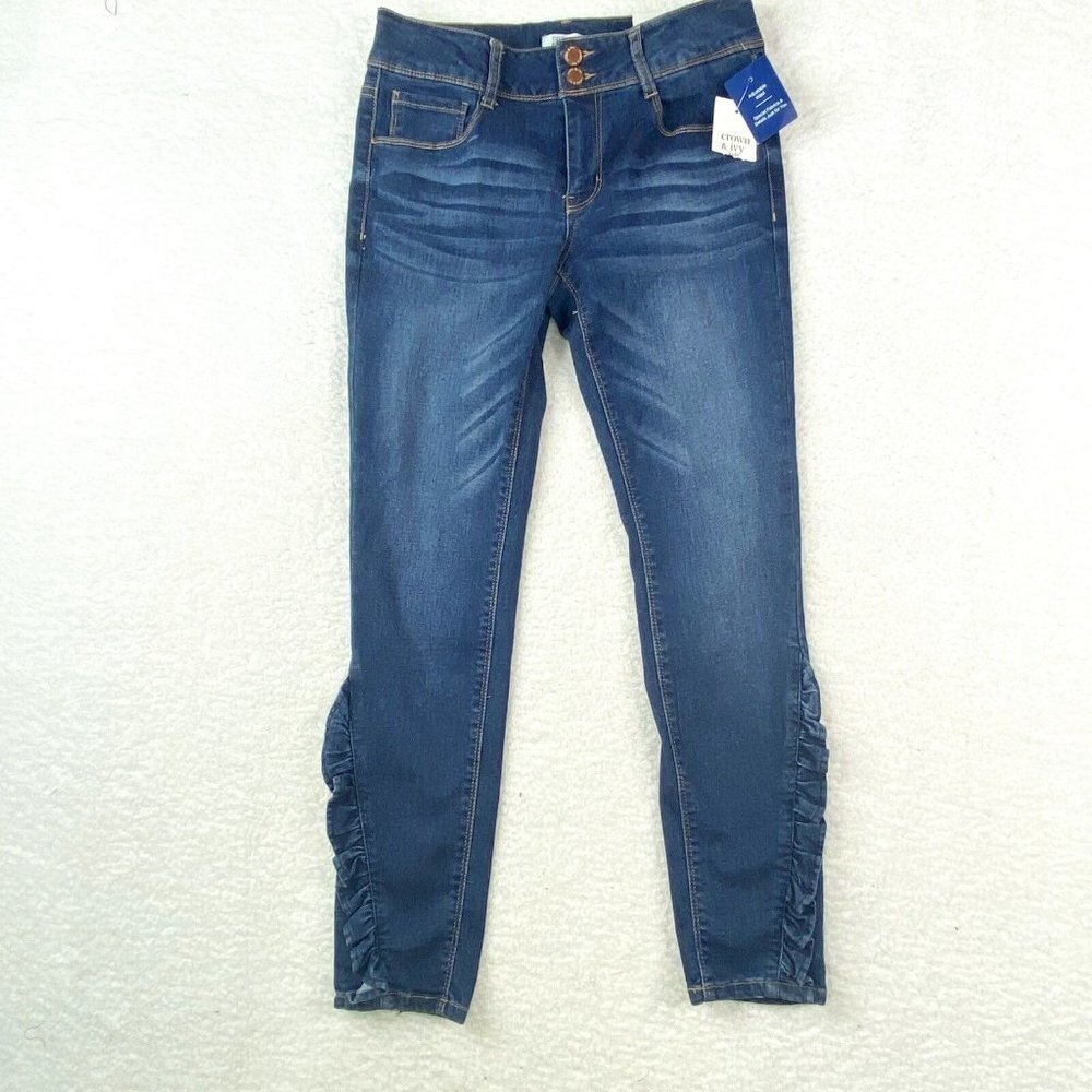 Crown & Ivy Kids Jeans Girls 14 27x26 Blue Skinny Ruffle Hem Adjustable Waist